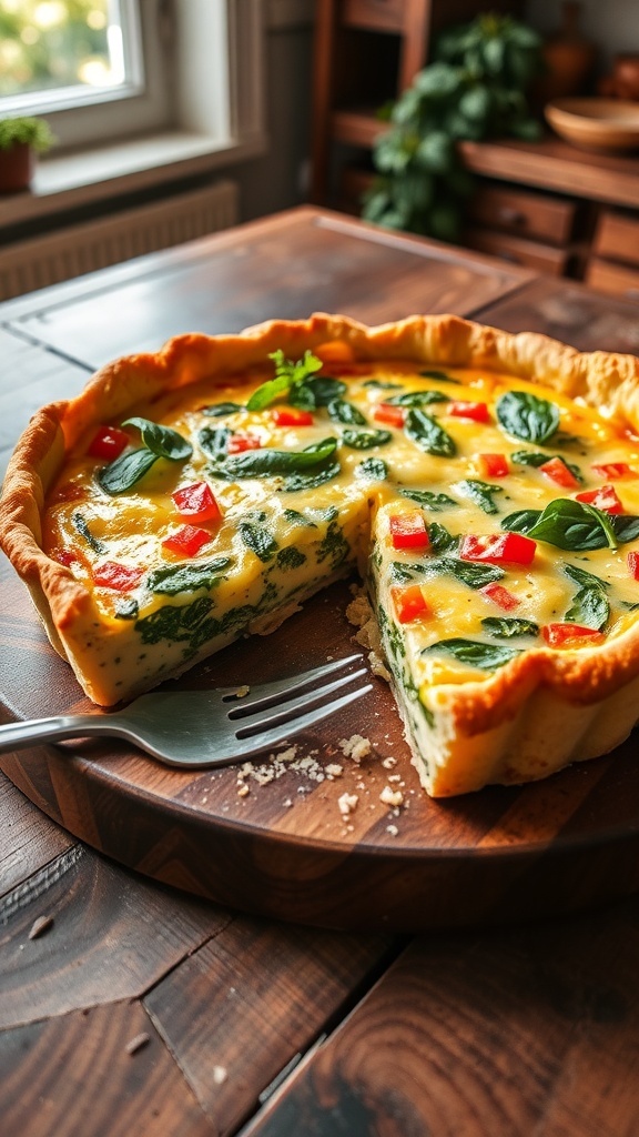 A golden-brown quiche with spinach and bell peppers, garnished with herbs, on a wooden table.